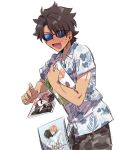  asaki27 blush camouflage caught commentary_request dropping fate/grand_order fate_(series) fudanshi fujimaru_ritsuka_(male) hawaiian_shirt implied_yaoi looking_at_viewer male_focus manga_(object) romani_archaman shirt simple_background solo sunglasses tan tropical_summer white_background 
