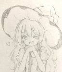  ;d blush braid graphite_(medium) hat head_tilt kirisame_marisa leaning_on_broom long_hair looking_at_viewer one_eye_closed open_mouth puffy_short_sleeves puffy_sleeves scan short_sleeves side_braid single_braid sketch smile solo touhou traditional_media very_long_hair wavy_hair witch_hat yururi_nano 