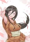  :d absurdres black_hair boruto:_naruto_next_generations breasts commentary covered_nipples highres hyuuga_hanabi japanese_clothes kimono large_breasts lavender_eyes long_hair looking_at_viewer louie_(sun737373) low-tied_long_hair naruto_(series) no_pupils open_mouth outstretched_hand petals smile solo very_long_hair yukata 