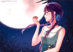  1girl bamboo blue_blood_lagoon commentary dress hair_ornament highres looking_to_the_side mid-autumn_festival moon mooncake moonlight official_art original purple_hair ribbon shirt smile solo twintails white_shirt 