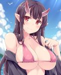  bare_shoulders bikini black_hair blush breasts cloud day fang hasu_(hk_works) large_breasts long_hair looking_at_viewer off_shoulder oni oni_horns original pink_bikini pointy_ears red_eyes red_horns sky smile solo swimsuit 