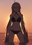  ahoge backlighting bathing bikini black_bikini black_choker breasts choker cleavage contrapposto fate/grand_order fate_(series) hair_between_eyes highres jeanne_d'arc_(alter_swimsuit_berserker) jeanne_d'arc_(fate)_(all) light_smile long_hair looking_at_viewer o-ring o-ring_bikini o-ring_bottom o-ring_top ocean outdoors pisu silver_hair solo standing sunset swimsuit very_long_hair wading water yellow_eyes 