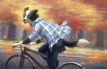  2017 anthro bicycle black_nose blue_eyes canine clothed clothing dog fully_clothed fur jeans looking_at_viewer mammal multicolored_fur open_mouth pants solo spectrumshift teeth two_tone_fur two_tone_tail vincollie whiskers 