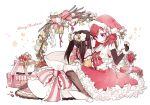  2girls bell black_hair blush boots bow christmas christmas_ornaments eyebrows_visible_through_hair gift hair_ornament hat highres looking_at_another love_live! love_live!_school_idol_project multiple_girls nishikino_maki open_mouth purple_eyes red_eyes red_hair santa_costume santa_hat short_hair sweatdrop twintails yazawa_nico yukiko_(tesseract) 