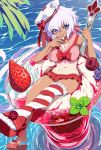  absurdres ahoge bikini blueberry breasts dessert eyebrows_visible_through_hair food frilled_bikini frills fruit hat highres ice_cream large_breasts long_hair looking_at_viewer low_twintails navel one-piece_tan purple_eyes red_bikini senki_zesshou_symphogear shiny shiny_hair shiny_skin silver_hair single_thighhigh sitting solo strawberry striped striped_legwear swimsuit tan tanline thighhighs tongue tongue_out twintails uganda water yukine_chris 