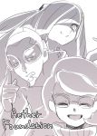  1boy 2girls aether_foundation english_text eyes_closed face facial_hair glasses goatee goggles greyscale hair_ornament hair_over_one_eye hand_up happy long_hair long_sleeves looking_at_viewer lusamine_(pokemon) monochrome multiple_girls natsunagi_takaki pokemon pokemon_(game) pokemon_sm sauboo_(pokemon) short_hair simple_background sketch smile teeth turtleneck white_background wicke_(pokemon) 