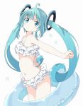  ahoge bangs bare_arms bare_shoulders bikini blue_innertube blush closed_mouth commentary_request eyebrows_visible_through_hair frilled_bikini frills green_eyes green_hair hair_ornament hatsune_miku head_tilt highres innertube long_hair looking_at_viewer navel sidelocks solo swimsuit tantan_men_(dragon) transparent twintails very_long_hair vocaloid white_background white_bikini 