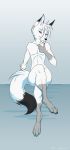  arctic_fox black_tipped_ears blue_eyes canine crossed_legs eyelashes fluffy fox fur girly grey_fur grey_theme half-closed_eyes licking long_eyelashes mammal sitting solo thick_thighs tongue tongue_out white_fur wide_hips 