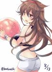  ass ball beachball bikini bikini_top bikini_under_clothes blush commentary_request dated eyebrows_visible_through_hair hair_between_eyes hair_flaps hairband headband hirune_(konekonelkk) kantai_collection long_hair remodel_(kantai_collection) shiratsuyu_(kantai_collection) shorts swimsuit twitter_username wristband 