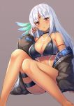  arm_strap arm_support ass azur_lane baggy_clothes bangs bare_shoulders bikini_top black_jacket blush breasts choker cleavage commentary_request dark_skin eyebrows_visible_through_hair feathers hair_feathers hand_in_hair jacket large_breasts long_hair long_sleeves looking_at_viewer massachusetts_(azur_lane) multicolored_hair native_american navel off_shoulder open_clothes open_jacket open_mouth pensuke purple_background sidelocks silver_hair simple_background sitting skindentation solo swimsuit swimsuit_under_clothes tan thigh_strap thighs unzipped 