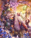  10s 1girl :o animal bare_shoulders boots breasts brown_hair building cherry_blossoms cleavage cleavage_cutout cloud copyright_name cygames detached_sleeves dress fantasy flower hair_flower hair_ornament highres lee_hyeseung light_particles long_hair lying moon on_back one_eye_closed plumeria_(shingeki_no_bahamut) shingeki_no_bahamut sky solo squirrel sunset tower tree windmill 
