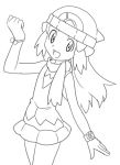  1girl arm_up bare_shoulders beanie bracelet female greyscale hair_ornament hairclip happy hat hikari_(pokemon) jewelry jpeg_artifacts long_hair looking_at_viewer monochrome natsunagi_takaki open_mouth poke_ball_theme pokemon pokemon_(game) pokemon_dppt scarf shirt simple_background sketch skirt sleeveless sleeveless_shirt smile solo watch white_background wristwatch 