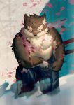  2017 anthro black_nose canine clothed clothing dog fur gharne looking_at_viewer male mammal moritaka multicolored_fur muscular muscular_male smile solo tokyo_afterschool_summoners topless two_tone_fur 