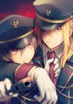  ;( at_gunpoint blonde_hair blue_eyes brown_eyes brown_hair gloves gun hair_between_eyes hair_over_one_eye hat highres holding holding_gun holding_weapon long_hair male_focus military military_hat military_uniform multiple_boys natsuki_yuka necktie necktie_grab neckwear_grab original ponytail red_background red_neckwear red_pupils sidelocks signature smile uniform upper_body weapon white_gloves 