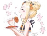  =_= abigail_williams_(fate/grand_order) bare_arms bare_shoulders bikini black_bikini black_bow blonde_hair blush_stickers bow closed_eyes commentary_request double_bun emerald_float fang fate/grand_order fate_(series) fingernails food fork hair_bow heart holding holding_fork holding_plate long_hair neon-tetora open_mouth orange_bow pancake plate profile side_bun sidelocks signature simple_background solo swimsuit translated white_background 