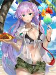  :o alternate_costume bangle beach bikini blue_eyes blue_sky bracelet breasts camouflage camouflage_shorts cloud day drink flower food fruit glint highres holding holding_plate hyuna_(sennen_sensou_aigis) jewelry lavender_hair long_hair looking_at_viewer medium_breasts navel necklace ocean orange orange_slice outdoors palm_tree panda_inu pineapple_slice plate red_ribbon ribbon sennen_sensou_aigis shirt shorts sky solo standing swimsuit tree unbuttoned very_long_hair water white_shirt 