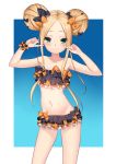  abigail_williams_(fate/grand_order) absurdres bangs bare_arms bare_shoulders bikini black_bikini black_bow blonde_hair blue_eyes blush bow closed_mouth collarbone commentary_request double_bun emerald_float eyebrows_visible_through_hair fate/grand_order fate_(series) fingers_to_cheeks forehead groin hair_bow hands_up highres long_hair navel nekosama_shugyouchuu orange_bow parted_bangs side_bun sidelocks smile solo strapless strapless_bikini swimsuit 