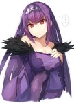  bangs bare_shoulders breasts cleavage collarbone commentary_request cropped_torso dress eyebrows_visible_through_hair fate/grand_order fate_(series) fur_trim hair_between_eyes hand_on_own_chest head_tilt kasuka_(kusuki) large_breasts long_hair long_sleeves looking_at_viewer off-shoulder_dress off_shoulder purple_dress purple_hair red_eyes scathach_(fate)_(all) scathach_skadi_(fate/grand_order) sidelocks solo speech_bubble tiara translation_request upper_body very_long_hair wide_sleeves 