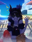  beach beach_umbrella black_dress black_hair blindfold blue_sky brain_freeze commentary_request day dress food horns kantai_collection light_cruiser_hime long_hair mask mochitsu_jou mountain ocean open_mouth out_of_frame pale_skin pov pov_hands shaved_ice shinkaisei-kan sky solo_focus sweat sweatdrop table trembling umbrella wavy_mouth 