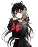  :&lt; animal_ears arm_up bell bell_choker black_hair black_serafuku black_shirt black_skirt blurry bow bowtie cat_ears choker depth_of_field fake_animal_ears jingle_bell long_hair looking_at_viewer naru_(ul) original pleated_skirt red_eyes red_neckwear school_uniform serafuku shirt simple_background skirt solo very_long_hair white_background 