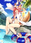  animal_ear_fluff animal_ears beach_umbrella bikini blue_bikini breasts cleavage day ears_through_headwear fang fate/grand_order fate_(series) food fox_ears fox_tail fruit hat innertube large_breasts navel ocean open_mouth outdoors palm_tree parasol pink_hair romuni side-tie_bikini sitting sitting_on_rock solo sun_hat swimsuit tail tamamo_(fate)_(all) tamamo_no_mae_(swimsuit_lancer)_(fate) tree umbrella wet wet_clothes yellow_eyes 