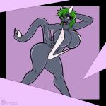  2018 big_breasts breasts clothing eyelashes fake_breasts female firm_boobs green_hair hair horn huge_breasts invalid_tag pose presenting short_hair smile solo standing swimsuit tongue virdi_(elberik) vrabo 