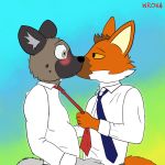  aggressive_retsuko blush canine clothing haida hyena kissing male male/male mammal maned_wolf ookami_(aggressive_retsuko) sanrio wroniasty 