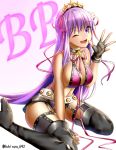  bare_shoulders bb_(fate)_(all) bb_(swimsuit_mooncancer)_(fate) belt bikini black_gloves boots breasts cleavage collar commentary_request fate/grand_order fate_(series) gloves gyaru hair_ribbon highres lavender_hair long_hair looking_at_viewer purple_eyes ribbon rukinya_(nyanko_mogumogu) smile solo star swimsuit tan thighhighs very_long_hair waving white_background 