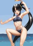  :o abs arm_up armpits bangs bare_arms bare_legs bare_shoulders barefoot bikini black_bikini black_hair blue_eyes blue_sky blush breasts commentary_request day fate/grand_order fate_(series) hair_bun hair_ornament highres holding horizon leg_up long_hair looking_at_viewer navel ocean open_mouth outdoors outstretched_arm outstretched_hand parted_bangs ranma_(kamenrideroz) shiny shiny_hair side_ponytail sidelocks sky small_breasts solo standing standing_on_one_leg swimsuit toned ushiwakamaru_(fate/grand_order) ushiwakamaru_(swimsuit_assassin)_(fate) v-shaped_eyebrows very_long_hair 