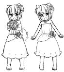  :d animal_ears bangs bare_shoulders barefoot blush bouquet commentary_request detached_sleeves dog_ears dress eyebrows_visible_through_hair fang flower greyscale hair_flower hair_ornament haru_(inuarashi) head_tilt holding holding_bouquet inuarashi long_sleeves looking_at_viewer monochrome multiple_views open_mouth original rose short_hair simple_background smile standing strapless strapless_dress white_background 