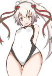  :d absurdres bangs bare_shoulders blush bow breasts brown_eyes casual_one-piece_swimsuit commentary_request covered_navel eyebrows_visible_through_hair fate/grand_order fate_(series) green_bow green_ribbon hair_between_eyes hair_bow high_ponytail highres jeanne_d'arc_(fate)_(all) jeanne_d'arc_alter_santa_lily long_hair mitchi one-piece_swimsuit open_mouth ponytail ribbon silver_hair simple_background small_breasts smile solo striped striped_bow striped_ribbon swimsuit thigh_gap very_long_hair white_background white_swimsuit 