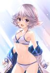  bare_shoulders bikini blue_eyes blush breasts clothes_down colored_eyelashes commentary_request cowboy_shot eyebrows_visible_through_hair farrah_(granblue_fantasy) flipped_hair front-tie_top granblue_fantasy groin highres looking_at_viewer medium_breasts open_mouth short_hair sideboob silver_hair solo swimsuit thighs tomo_(user_hes4085) white_bikini 