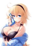  ahoge bikini bikini_top black_bikini black_bikini_top black_hairband blonde_hair blue_eyes bottle braid breasts cleavage closed_mouth dated fate/grand_order fate_(series) hairband jeanne_d'arc_(fate)_(all) jeanne_d'arc_(swimsuit_archer) long_hair looking_at_viewer medium_breasts mimelex signature simple_background single_braid smile solo swimsuit twitter_username watermark web_address white_background 