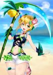  absurdres akatsuki_kirika bare_shoulders beach blonde_hair blush carpathiyo cloud commentary_request day flower frills green_eyes hair_flower hair_ornament headgear highres holding holding_weapon looking_at_viewer navel one-piece_swimsuit open_mouth outdoors sand sandals scythe senki_zesshou_symphogear senki_zesshou_symphogear_xd_unlimited shiny shiny_skin short_hair shorts solo swimsuit water weapon x_hair_ornament 