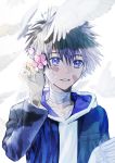  absurdres animal bandaged_fingers bandaged_neck bandages bandaid bandaid_on_arm bandaid_on_face bandaid_on_finger bird blue_eyes blue_hair dove flock flower hair_flower hair_ornament hand_up highres kamijou_touma looking_at_viewer male_focus parted_lips spiked_hair to_aru_majutsu_no_index untit upper_body 