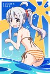  2018 ahoge ass bangs bare_arms bare_shoulders bikini blush brown_eyes commentary_request eyebrows_visible_through_hair genderswap genderswap_(mtf) hair_between_eyes hair_ornament hair_scrunchie hands_up highres long_hair looking_at_viewer looking_back nekotoufu ocean onii-chan_wa_oshimai open_mouth original oyama_mahiro ponytail red_scrunchie scrunchie side-tie_bikini sidelocks silver_hair solo striped striped_bikini sunburst sweat swimsuit wading water wavy_mouth 