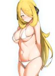  arms_behind_back bikini blonde_hair blush breasts cleavage commentary cowboy_shot hair_ornament hair_over_one_eye half-closed_eyes highres large_breasts long_hair looking_away navel nnoelllll pokemon pokemon_(game) pokemon_dppt shirona_(pokemon) shy simple_background skindentation solo stomach swimsuit underboob very_long_hair white_background white_bikini yellow_eyes 