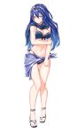  ass_visible_through_thighs bikini blue_bikini blue_eyes blue_hair blue_scarf breasts cleavage esg_(essagna) fire_emblem fire_emblem:_kakusei floating_hair full_body gold_trim hair_between_eyes hairband highres long_hair lucina medium_breasts navel sarong scarf see-through shiny shiny_hair simple_background smile solo standing swimsuit very_long_hair white_background 