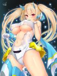  armlet ass_visible_through_thighs asura_ninja_aoi bangs bare_shoulders black_background blonde_hair blue_scarf blush bracelet breasts chestnut_mouth commentary_request covered_nipples doyouwantto eyebrows_visible_through_hair floating_hair from_below gloves glowing hair_between_eyes hair_intakes hand_on_hilt hand_on_own_chest hand_up headgear highres jewelry large_breasts leotard light_particles long_hair looking_at_viewer megami_device navel open_mouth parted_bangs pink_eyes puffy_nipples scarf shiny shiny_clothes shiny_hair shiny_skin signature single_glove single_thighhigh solo standing stomach thighhighs thighs twintails underboob very_long_hair white_gloves white_leotard 