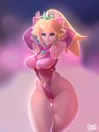  1girl animal_ears armpits arms_up blonde_hair blue_eyes blurry blurry_background breasts cat_ears cleavage_cutout crown crystalcheese_(artist) curvy earrings highleg highleg_leotard jewelry large_breasts leotard long_hair mario_(series) navel pink_leotard ponytail princess_peach smile solo super_mario_bros. thick_thighs thigh_gap thighs wide_hips 
