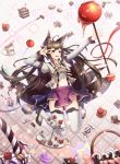  abstract_background absurdres ahoge animal_ears basket black_hair blurry bow cake candy cherry coffee coffee_cup cup depth_of_field disposable_cup doughnut food fox_ears fox_tail frilled_shirt frills fruit hair_bow hand_up heart highres jumping keis_(locrian1357) lollipop long_hair midriff miniskirt multiple_tails neck_ribbon original pose purple_eyes ribbon shirt skirt smile solo staff star suspenders tail thighhighs zettai_ryouiki 