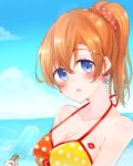  blue_eyes blue_sky blush breasts cleavage collarbone day earrings eyebrows_visible_through_hair food hair_between_eyes heart heart_earrings high_ponytail highres holding holding_food ice_cream jewelry kousaka_honoka looking_at_viewer love_live! love_live!_school_idol_project medium_breasts ocean open_mouth orange_hair outdoors polka_dot polka_dot_scrunchie print_bikini_top red_scrunchie scrunchie shiny shiny_hair sideboob sky solo star star_print upper_body wet zyenokana 