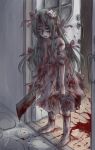  aosora_(mizore) bandaid barefoot blood blood_on_ground bloody_clothes bow cleaver detached_arm door dress green_hair guro long_hair original pink_bow solo torn_clothes torn_dress 