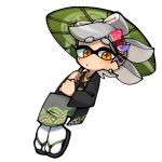  1girl closed_mouth domino_mask earrings full_body geta green_umbrella grey_kimono hair_ornament hair_rings holding holding_umbrella hotaru_(splatoon) japanese_clothes jewelry kimono lkll long_sleeves looking_at_viewer mask mole mole_under_eye no_nose orange_eyes oriental_umbrella pointy_ears short_hair silver_hair simple_background solo splatoon_(series) splatoon_2 symbol-shaped_pupils tabi tentacle_hair umbrella white_background white_legwear 