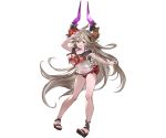  :d ahoge alpha_transparency arm_up bangs bikini bikini_under_clothes blush breasts cleavage collarbone draph flower full_body granblue_fantasy grey_hair hair_between_eyes hair_flower hair_ornament halter_top halterneck hibiscus horns large_breasts long_hair looking_at_viewer minaba_hideo official_art open_mouth pointy_ears purple_hair red_bikini red_eyes sailor_collar sandals see-through smile solo swimsuit thalatha_(granblue_fantasy) transparent_background very_long_hair 