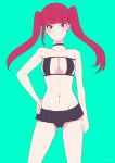  bad_id bad_pixiv_id bikini black_bikini black_choker bleach blue_background blush breasts choker commentary_request dokugamine_riruka eyepatch_bikini hand_on_hip head_tilt light_smile long_hair navel red_eyes red_hair ronisuke small_breasts solo swimsuit twintails 