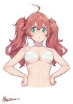  absurdres ahoge bare_shoulders bikini blush breasts brown_hair commentary cropped_torso darling_in_the_franxx dated gorgeous_mushroom green_eyes hair_between_eyes hands_on_hips highres long_hair looking_at_viewer medium_breasts miku_(darling_in_the_franxx) revision signature simple_background solo stomach swimsuit twintails upper_body v-shaped_eyebrows white_background white_bikini 