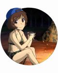  backwards_hat bangs baseball_cap bikini bikini_shorts blue_hat breasts brown_eyes brown_hair camouflage camouflage_bikini campfire circle closed_mouth commentary cup eyebrows_visible_through_hair girls_und_panzer green_bikini hat holding holding_cup looking_at_viewer messy_hair nana_(manaita_koumuten) navel night outside_border short_hair shorts sitting small_breasts smile swimsuit tent 