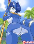  2018 alfa995 animated anthro arched_back areola armor big_butt black_nose blue_eyes blue_hair bouncing_butt breasts butt canine cloud digital_media_(artwork) eyebrows eyelashes female fluffy fluffy_tail fox hair hairband holding_object holding_weapon krystal looking_at_viewer looking_back mammal markings nintendo nipples outside palm_tree patreon presenting presenting_hindquarters presenting_pussy pussy rear_view short_hair sky smile solo staff star_fox tailband tree tribal_markings twerking unconvincing_armor video_games weapon 