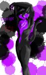  2018 abstract_background anthro arms_above_head black_fur black_nose bobcat chest_fur crossed_legs dialogue english_text featureless_crotch feline fur hair hi_res looking_at_viewer lotus_child male mammal multicolored_fur nude pawpads pose purple_eyes purple_fur smile solo text two_tone_fur vestige_(leximo99) 